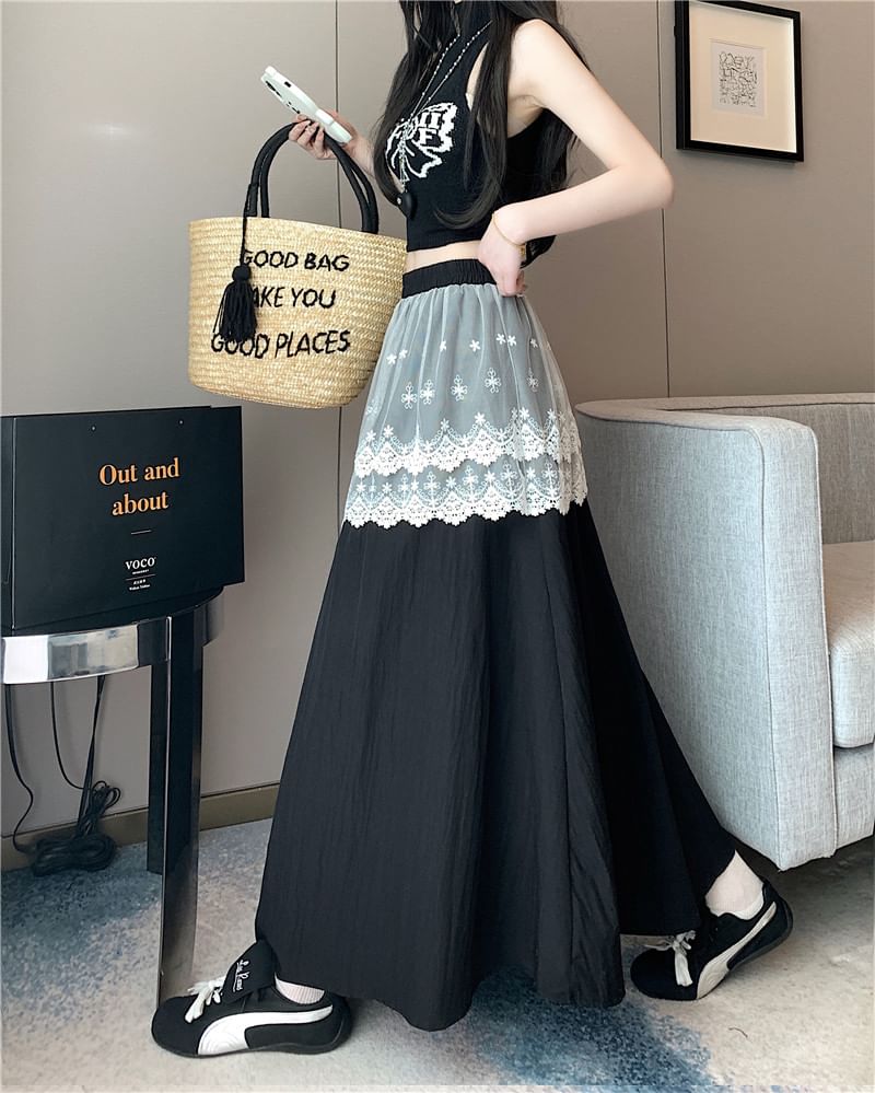 Lace Plain A-Line Rise Maxi High Trim Skirt