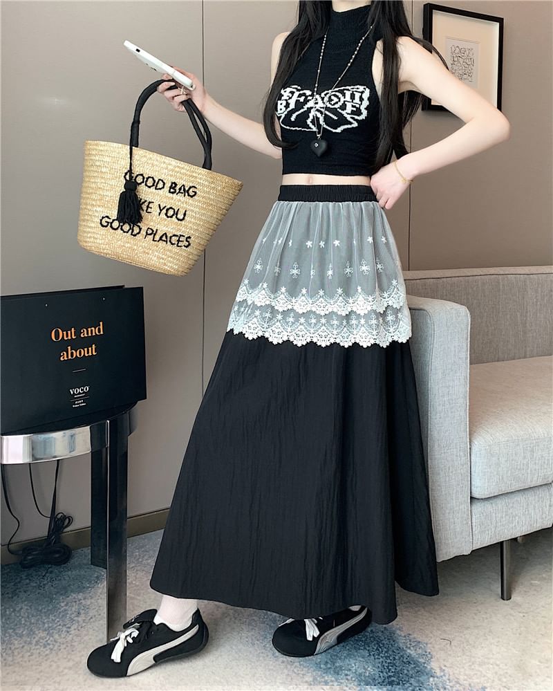 Lace Plain A-Line Rise Maxi High Trim Skirt
