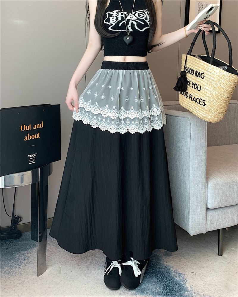 A-Line Skirt Lace Maxi High Rise Trim Plain