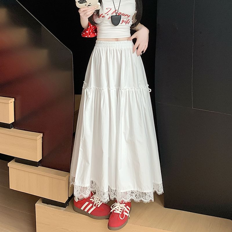 A-Line Trim Plain Waist Maxi Lace Skirt High