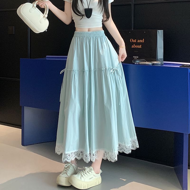 A-Line Plain Skirt Lace High Waist Trim Maxi