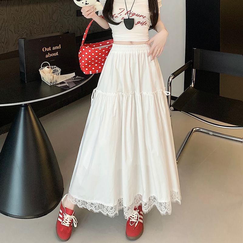 A-Line Trim Plain Waist Maxi Lace Skirt High