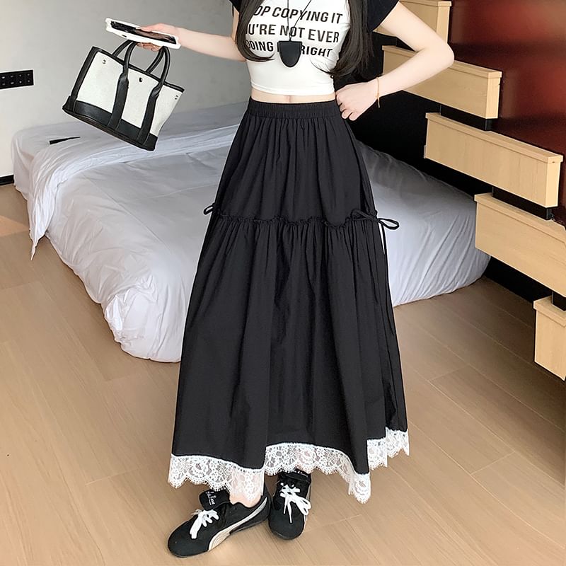 A-Line Trim Plain Waist Maxi Lace Skirt High