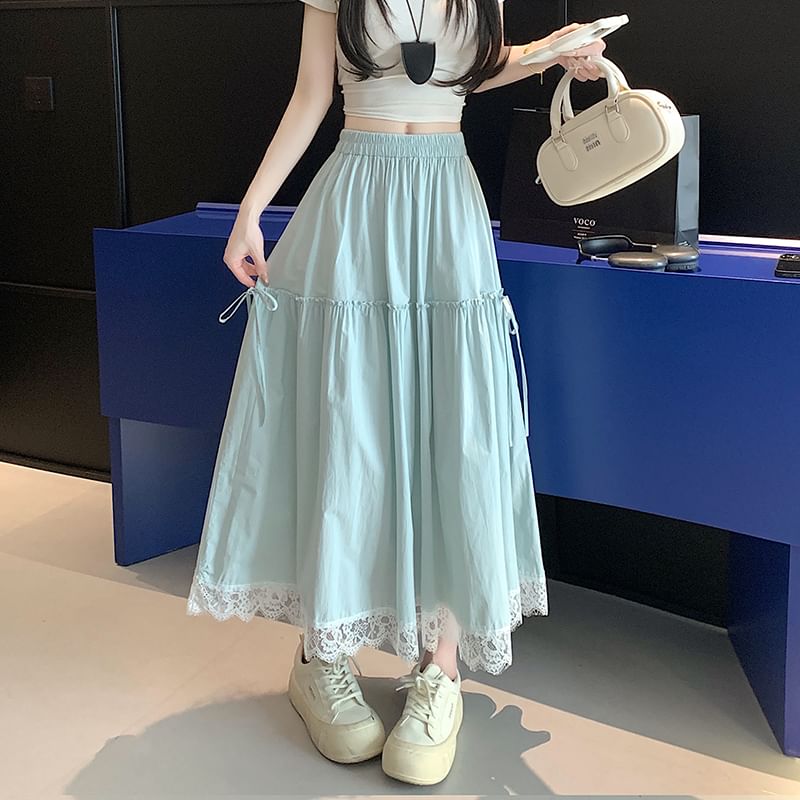 A-Line Plain Skirt Lace High Waist Trim Maxi