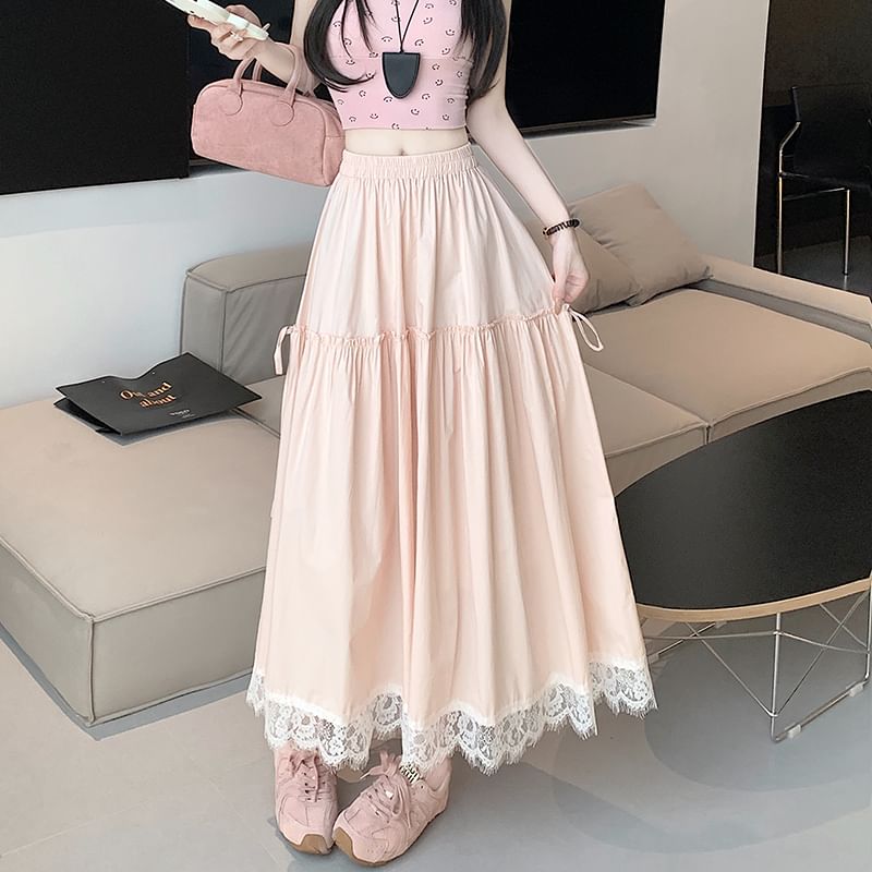 A-Line Plain Skirt Lace High Waist Trim Maxi