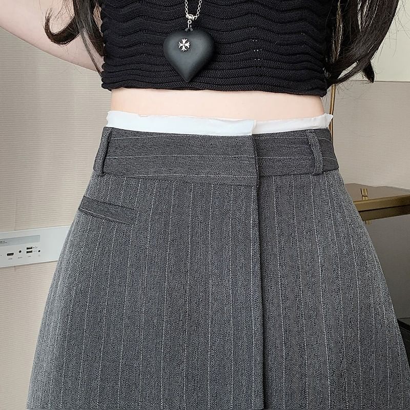 Mini Skirt Pinstriped A-Line High Asymmetrical Rise
