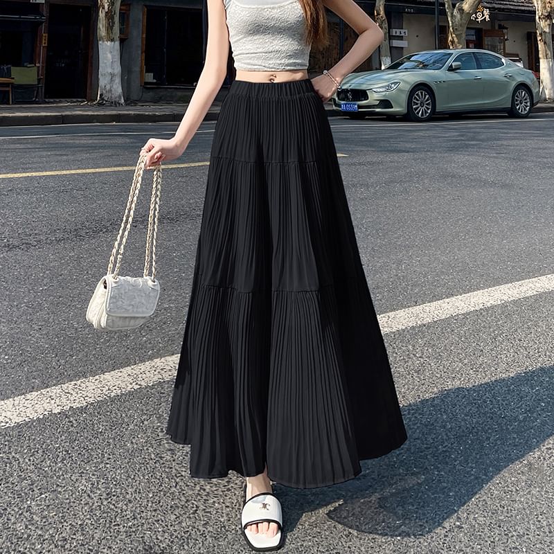 Accordion Maxi Waist Skirt Pleated Plain High A-Line