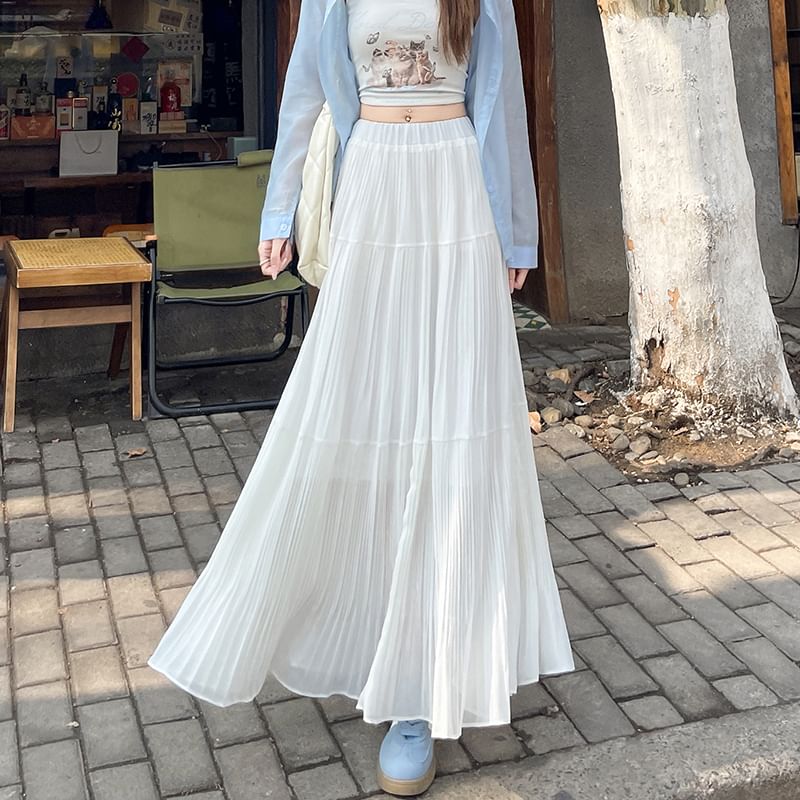 Accordion Maxi Waist Skirt Pleated Plain High A-Line
