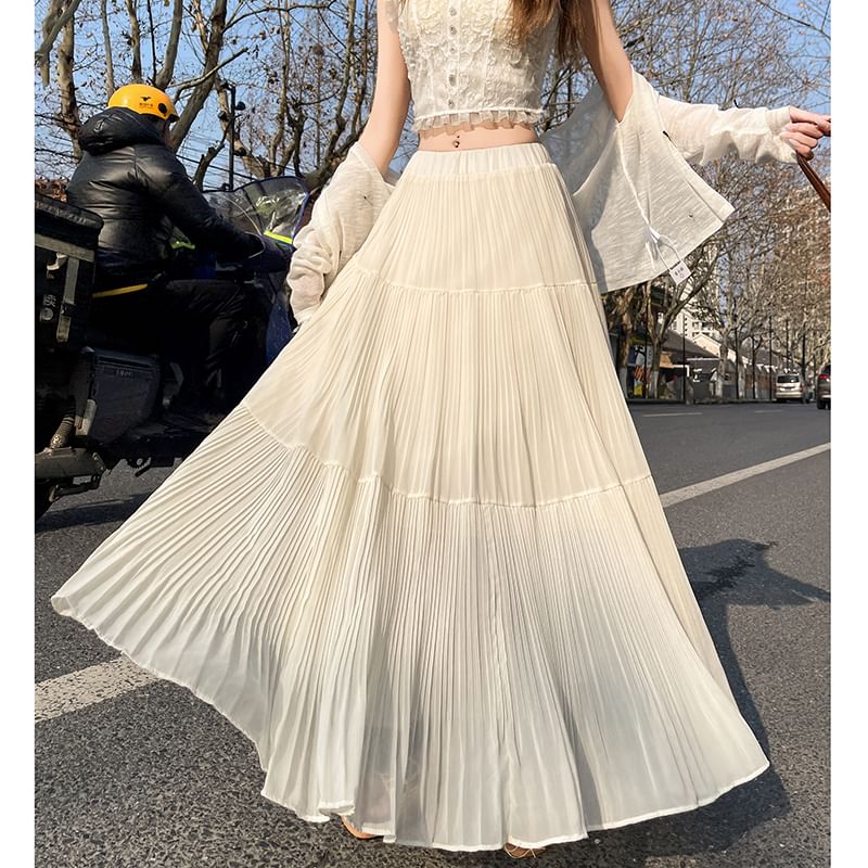 Pleated High Maxi A-Line Plain Waist Skirt Accordion