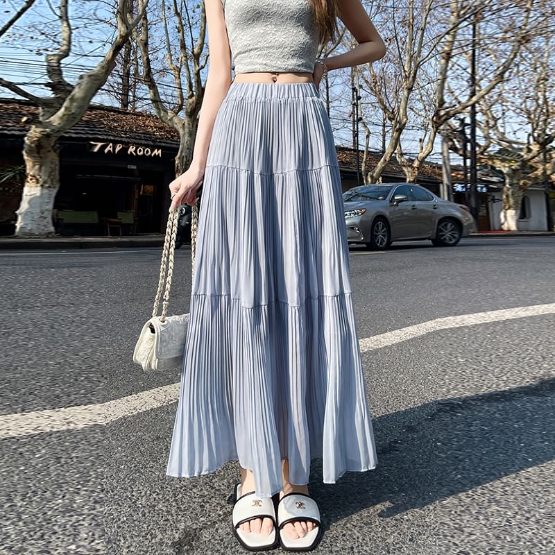 Pleated High Maxi A-Line Plain Waist Skirt Accordion