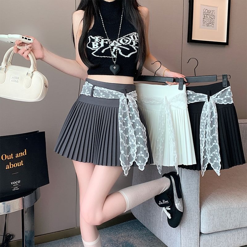 Waist Pleated High Mini Plain Skirt A-Line