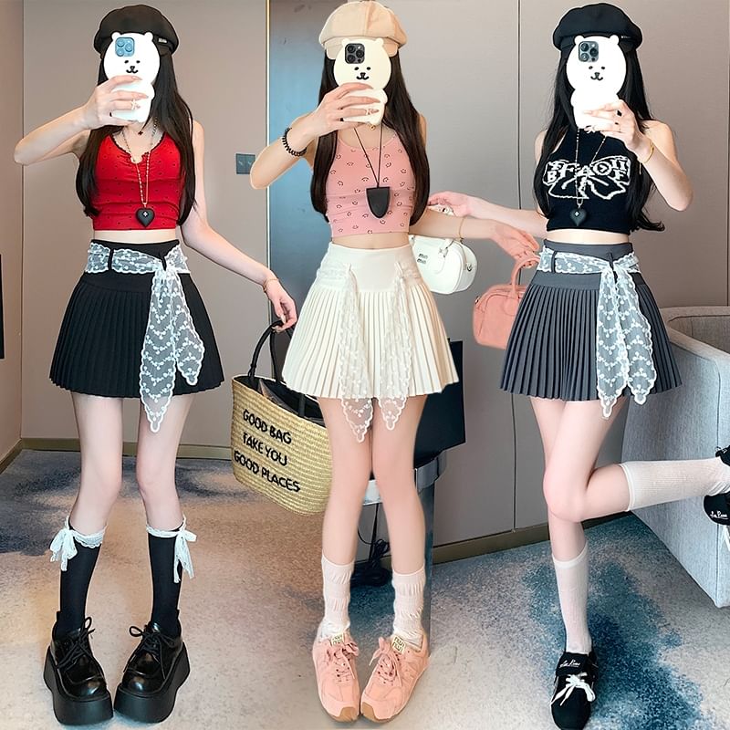 Waist Pleated High Mini Plain Skirt A-Line