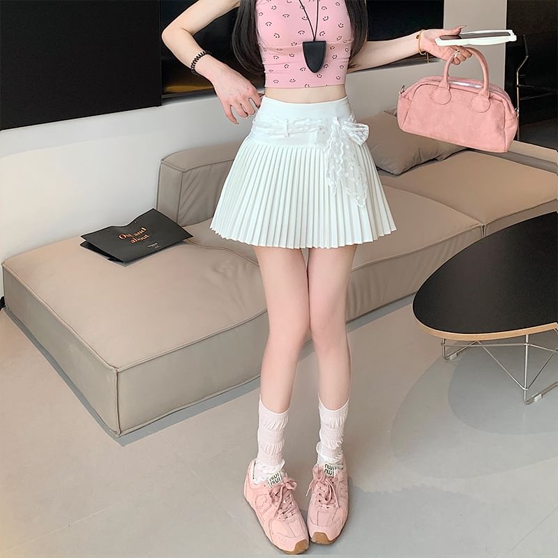 Waist Pleated High Mini Plain Skirt A-Line