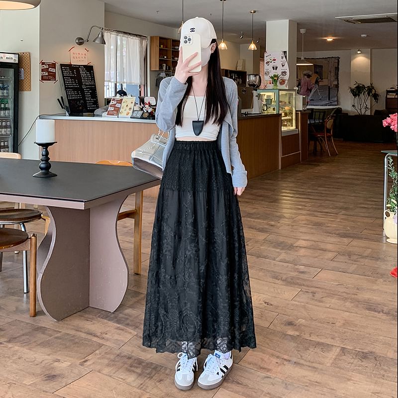 Waist Lace High Skirt Embroidered A-Line Trim Flower Maxi