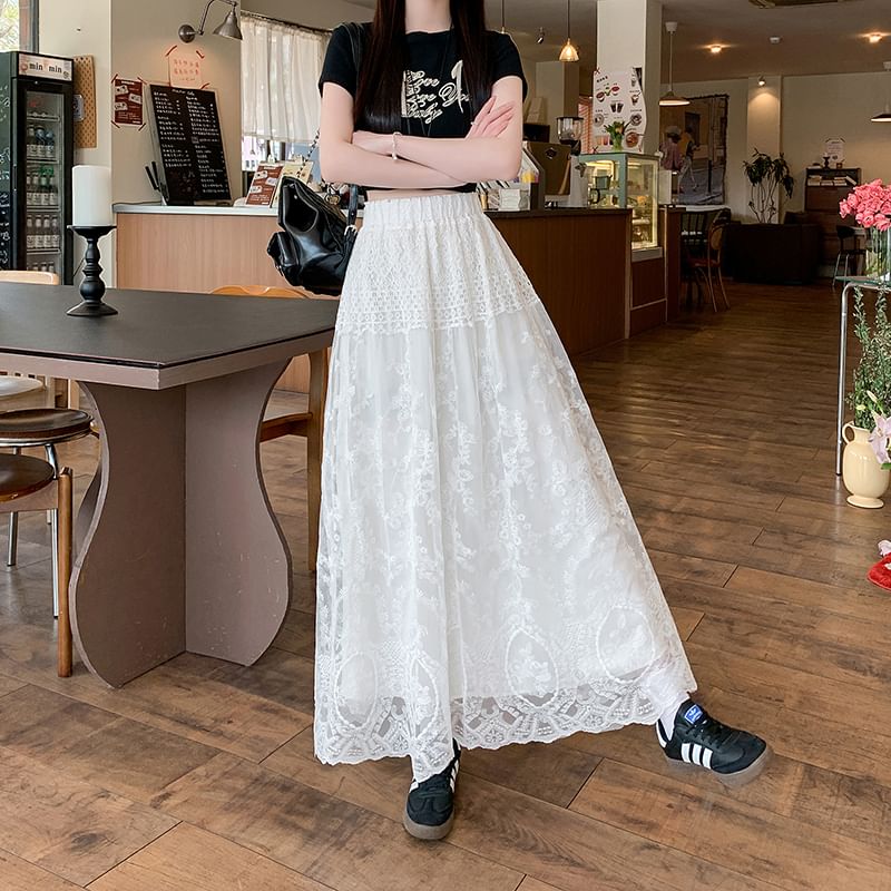 Lace Skirt Flower High Trim A-Line Maxi Embroidered Waist