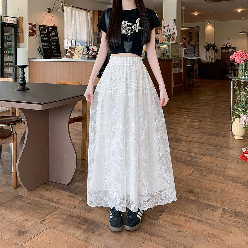 Lace Skirt Flower High Trim A-Line Maxi Embroidered Waist
