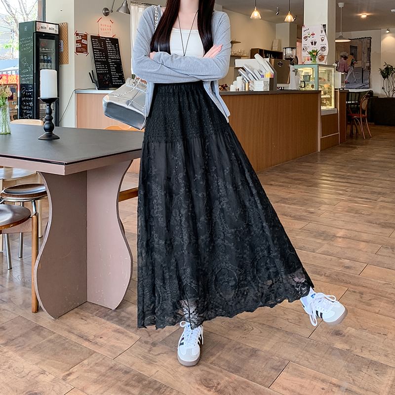 Waist Lace High Skirt Embroidered A-Line Trim Flower Maxi