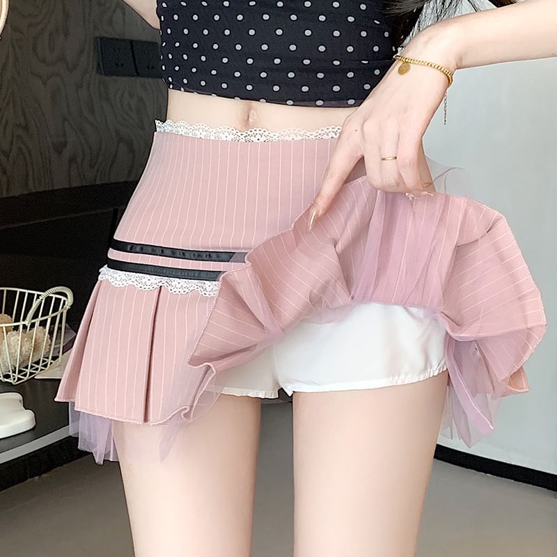 Pleated A-Line Bow Low Skirt Trim Lace Mini Pinstriped Waist