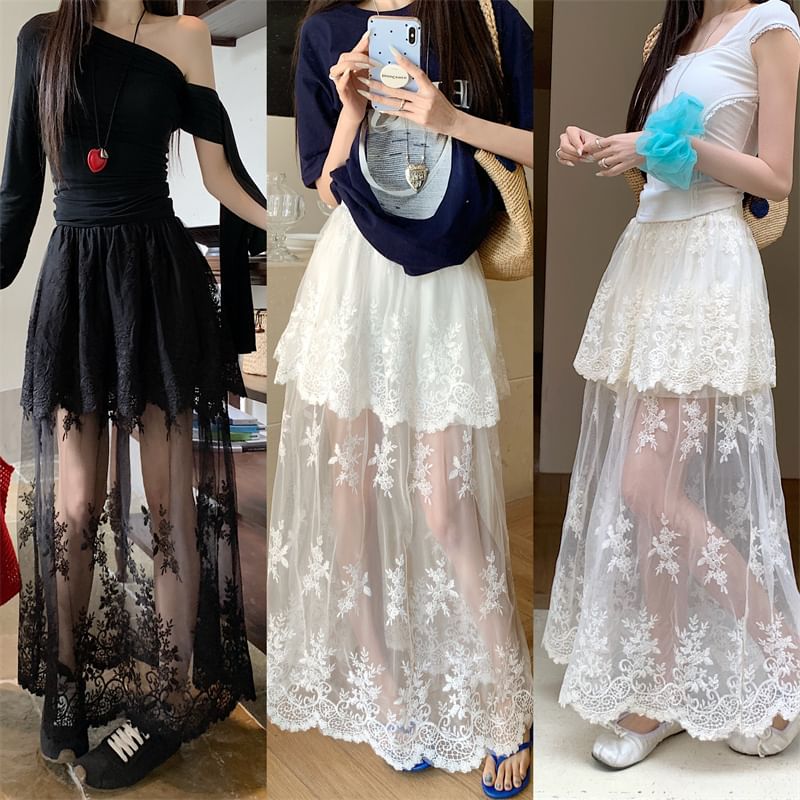 Trim Flower High Maxi Embroidered Lace A-Line Skirt Waist