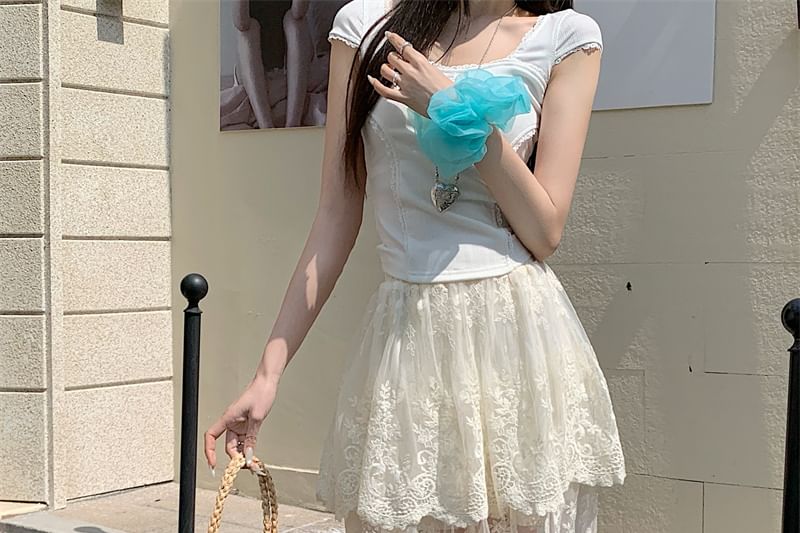 Trim Flower High Maxi Embroidered Lace A-Line Skirt Waist