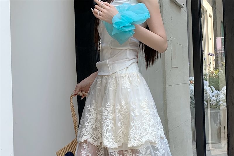 Skirt Lace Embroidered Waist High Trim Flower Maxi A-Line