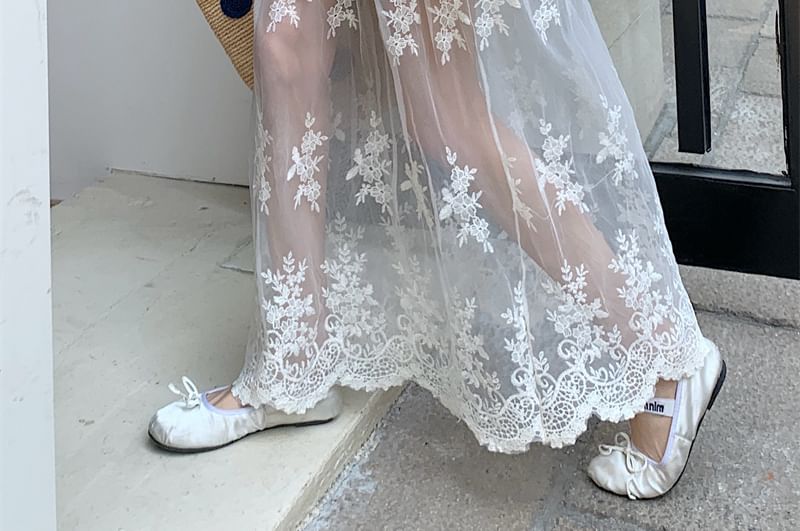 Skirt Lace Embroidered Waist High Trim Flower Maxi A-Line