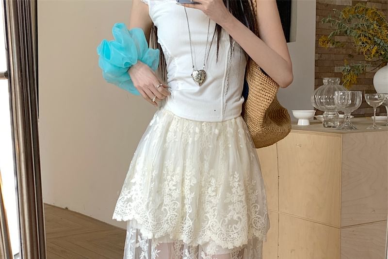 Skirt Lace Embroidered Waist High Trim Flower Maxi A-Line