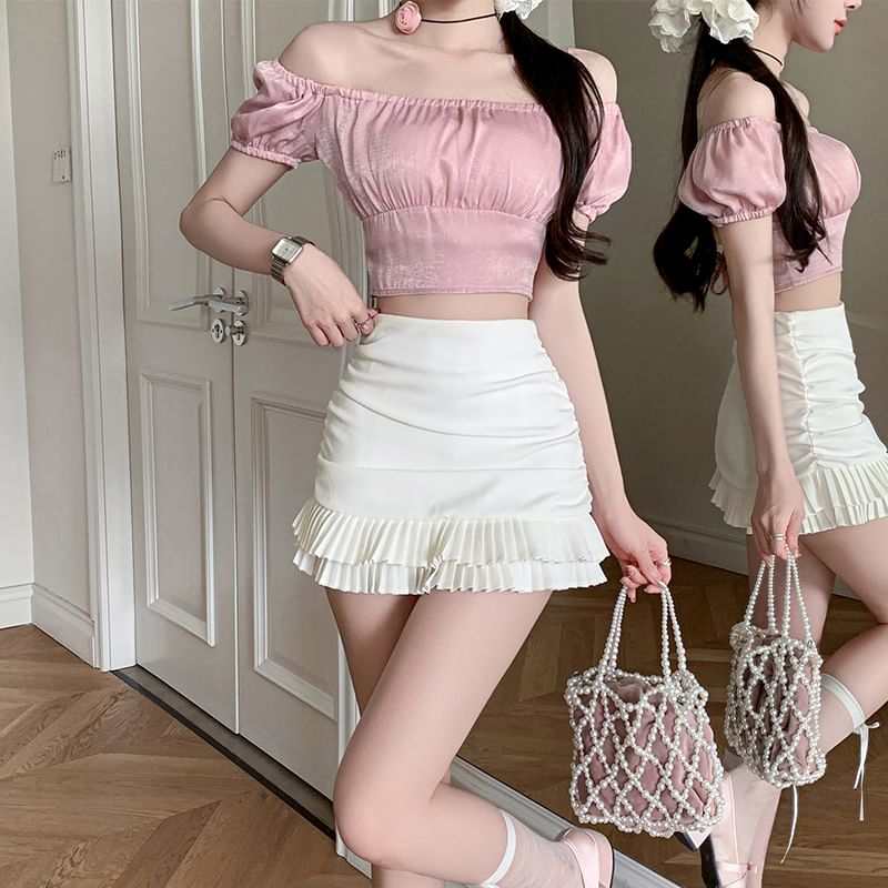 Waist Ruffle High Mini Ruched Plain Skirt Pencil