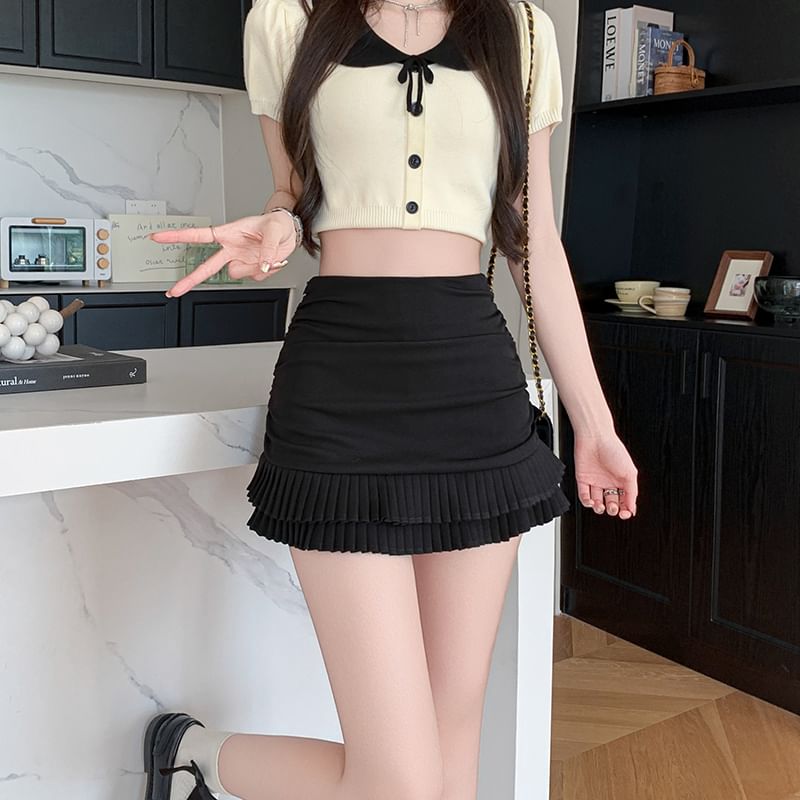 Waist Ruffle High Mini Ruched Plain Skirt Pencil