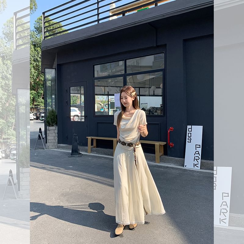 Short-Sleeve Ruched Plain Fit Cowl T-Shirt Slim Neck