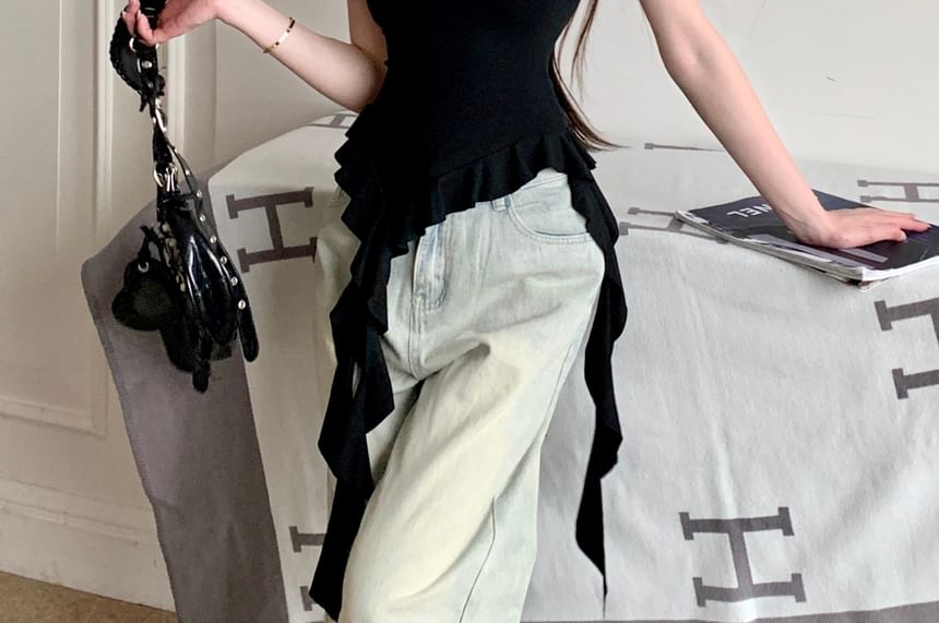 Off-Shoulder Trim Fit Floral Slim Ruffle Panel Tee Cap-Sleeve