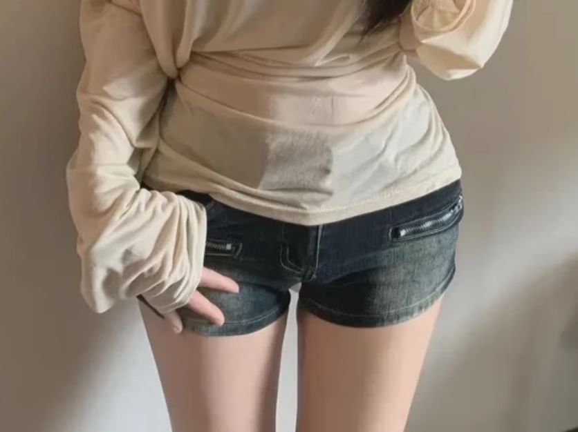 Tee Plain Sashed Neck Slim Asymmetrical Fit Long-Sleeve Off-Shoulder