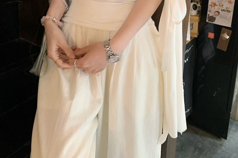 Short-Sleeve T-Shirt Bow Ruched Off-Shoulder Plain Fit Slim