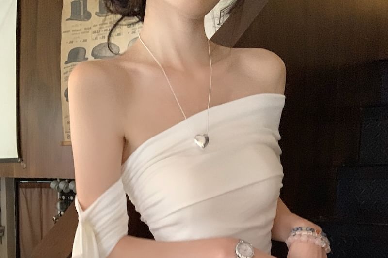 Short-Sleeve Fit Slim Off-Shoulder T-Shirt Plain Bow Ruched