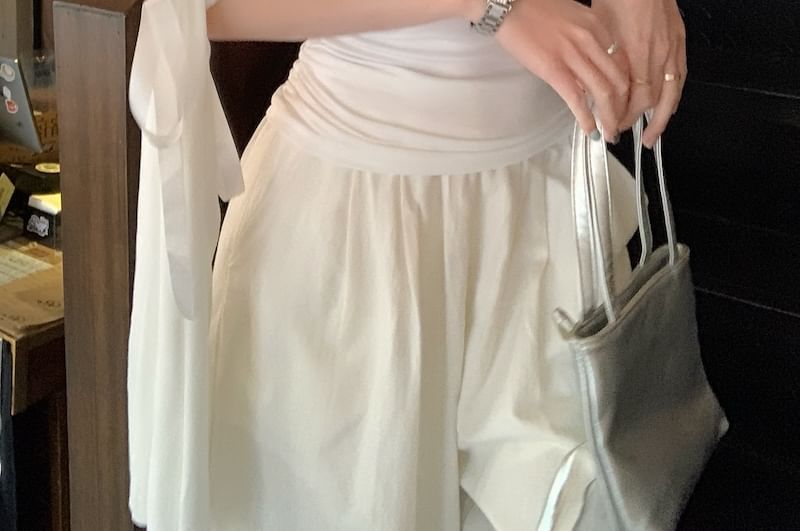 Short-Sleeve Fit Slim Off-Shoulder T-Shirt Plain Bow Ruched