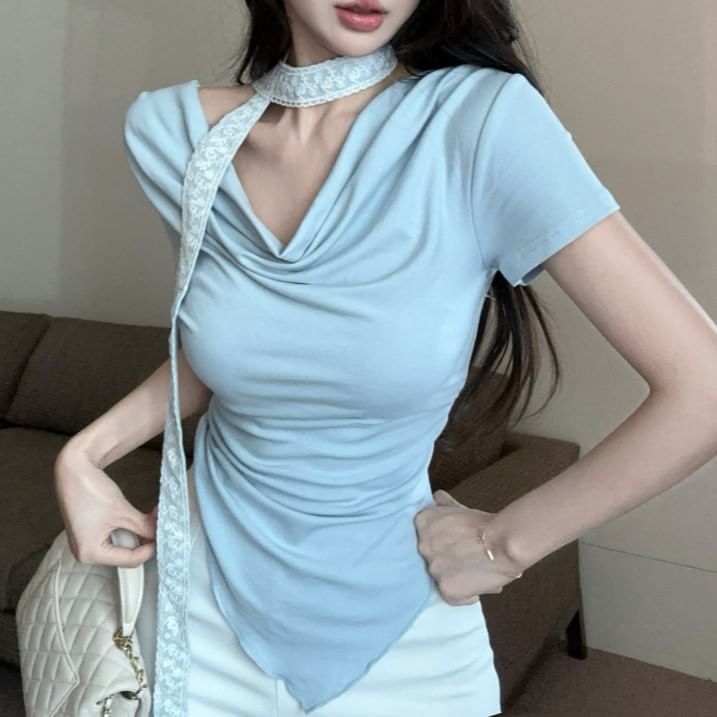 Asymmetrical Plain Fit Neck Tee Short-Sleeve Cowl Slim