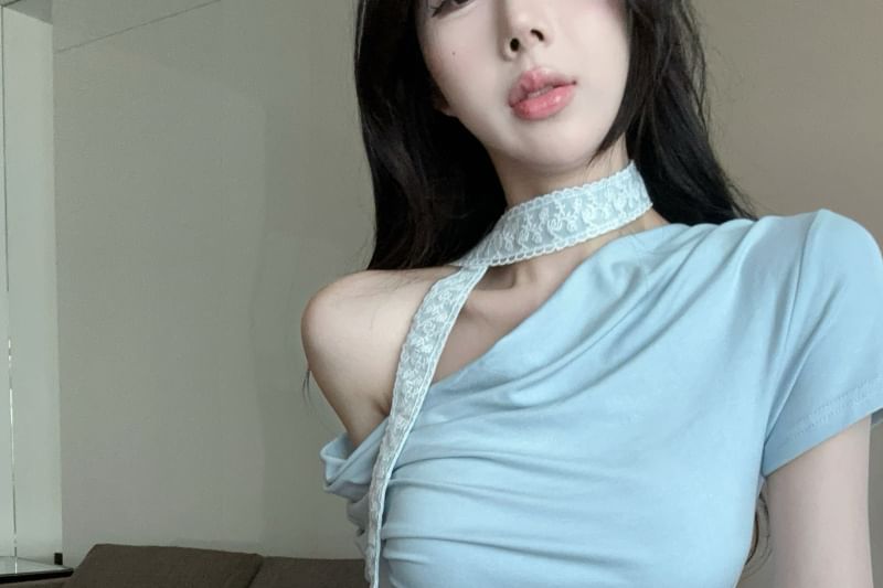 Asymmetrical Plain Fit Neck Tee Short-Sleeve Cowl Slim