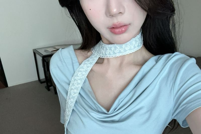 Asymmetrical Plain Fit Neck Tee Short-Sleeve Cowl Slim