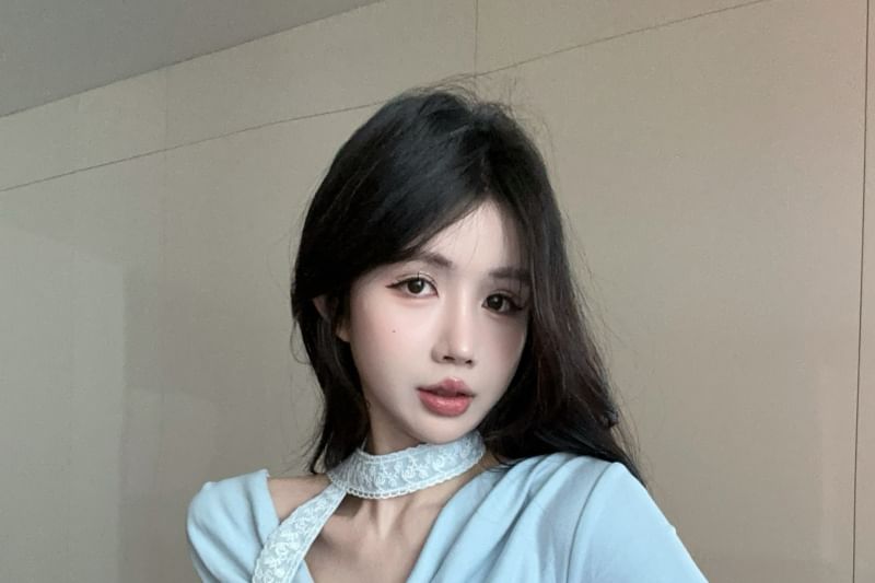 Asymmetrical Plain Fit Neck Tee Short-Sleeve Cowl Slim