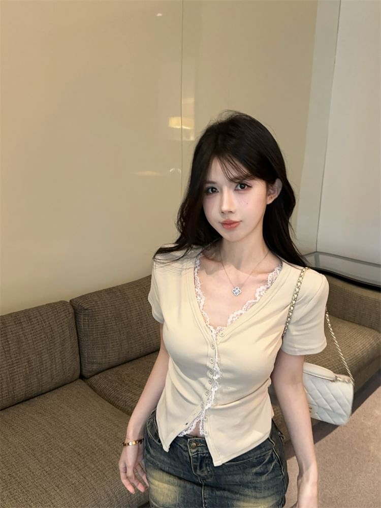 Plain Slim Fit Lace Tee V-Neck Trim Short-Sleeve Button