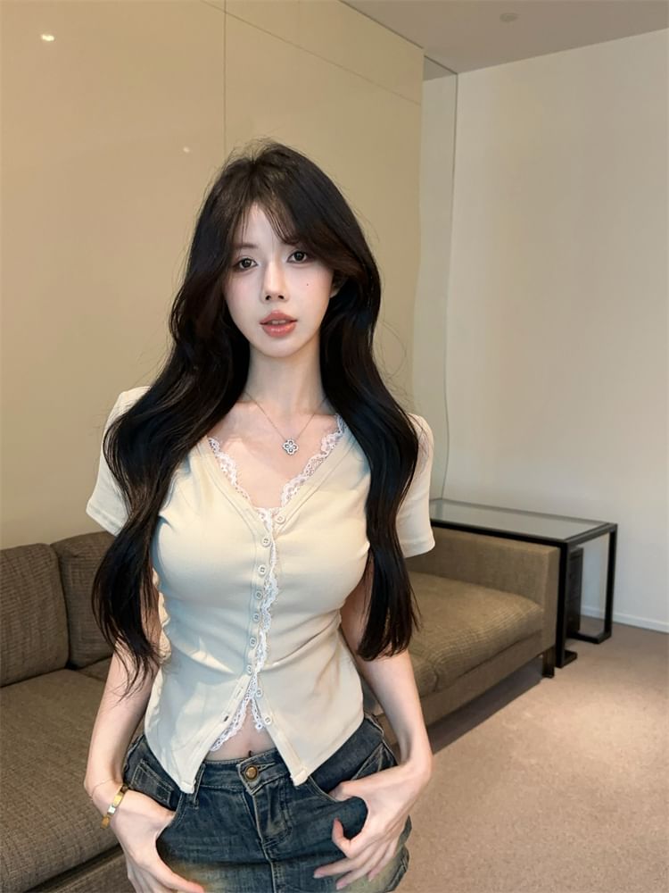 Tee Lace Trim V-Neck Slim Plain Short-Sleeve Button Fit