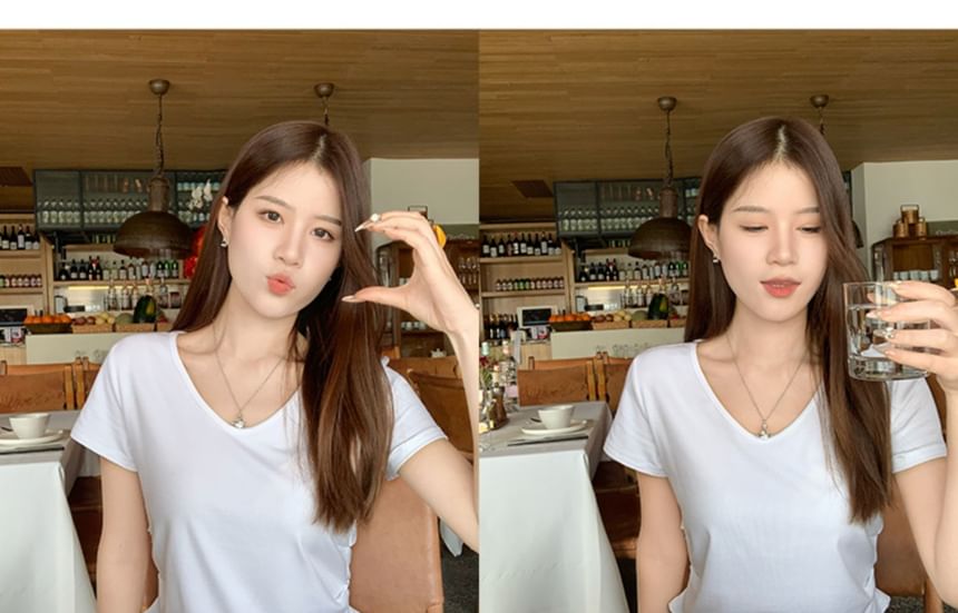 Short-Sleeve Plain T-Shirt Ruched V-Neck