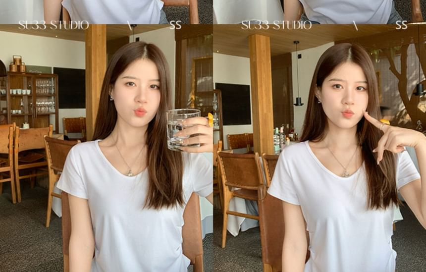 Short-Sleeve Plain T-Shirt Ruched V-Neck