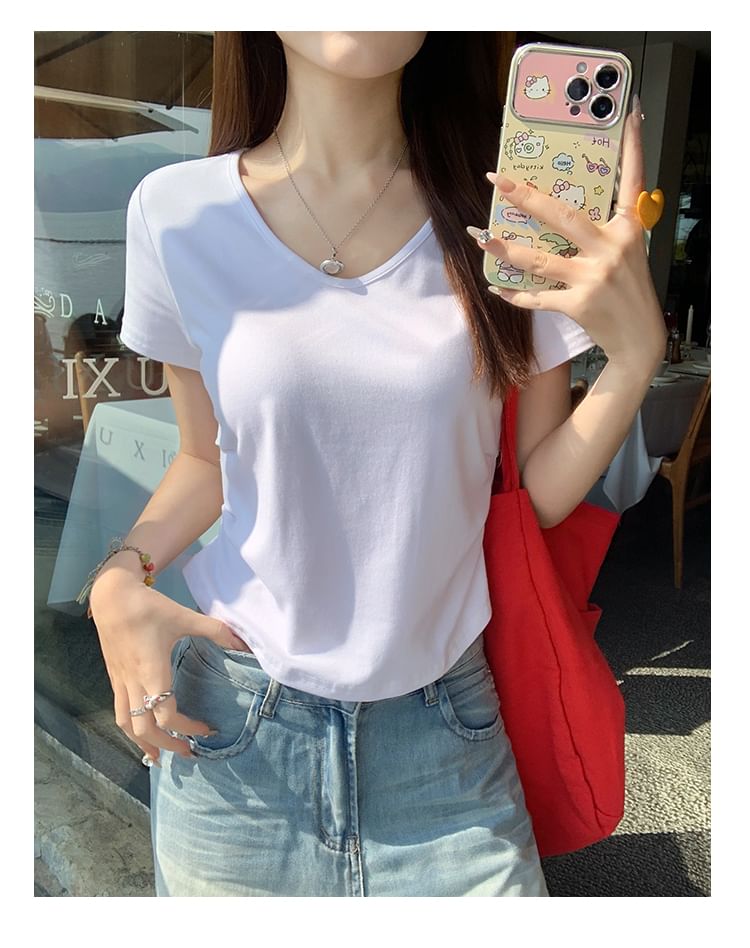 Short-Sleeve Plain T-Shirt Ruched V-Neck