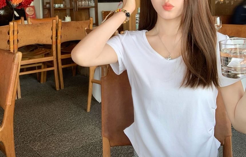 Short-Sleeve Plain T-Shirt Ruched V-Neck