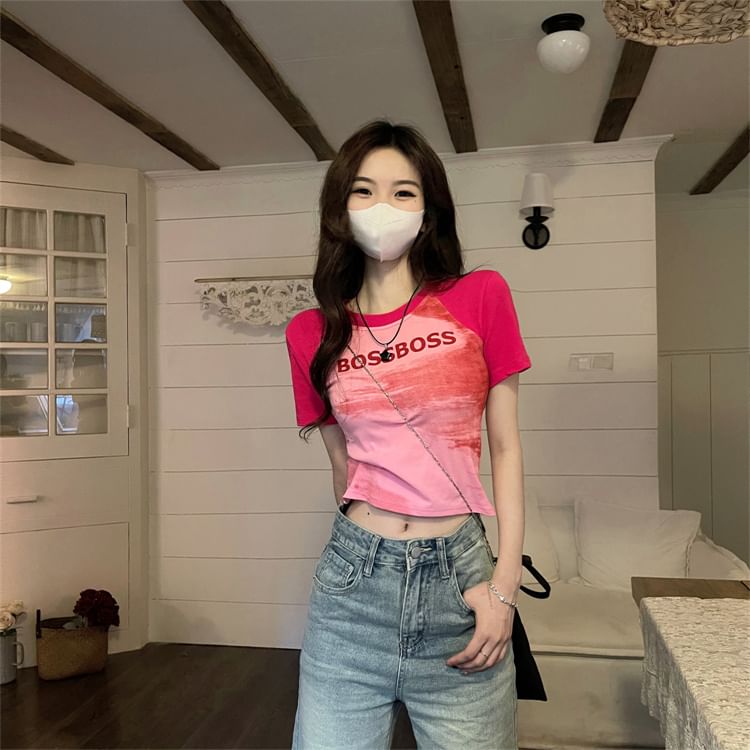 Fit Round T-Shirt Slim Lettering Crop Raglan Neck Short-Sleeve