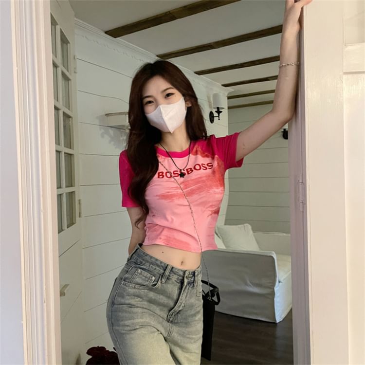 Fit Round T-Shirt Slim Lettering Crop Raglan Neck Short-Sleeve