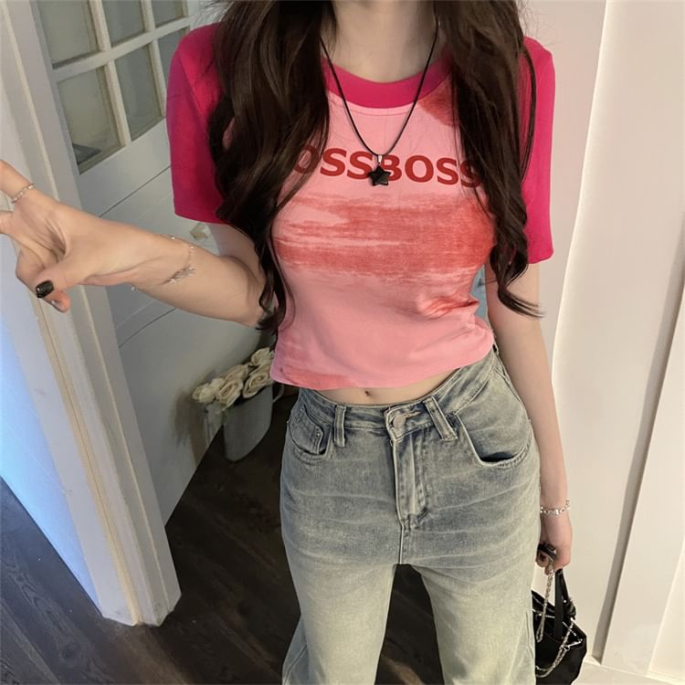 Fit Round T-Shirt Slim Lettering Crop Raglan Neck Short-Sleeve