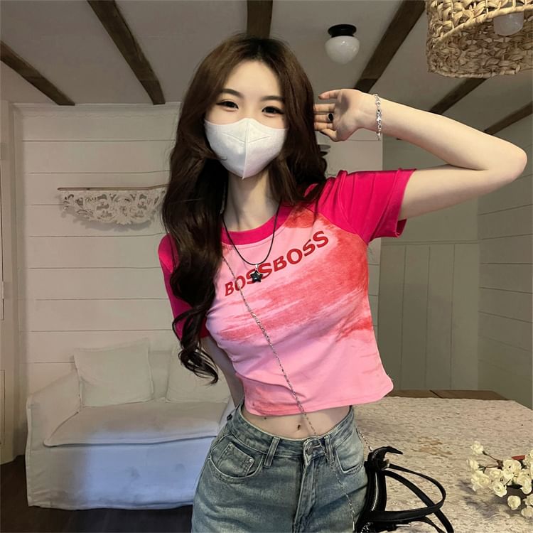 Fit Round T-Shirt Slim Lettering Crop Raglan Neck Short-Sleeve