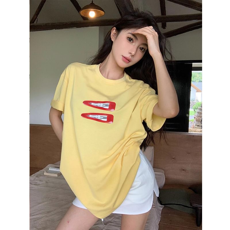 Oversized Round Print Short-Sleeve Neck T-Shirt